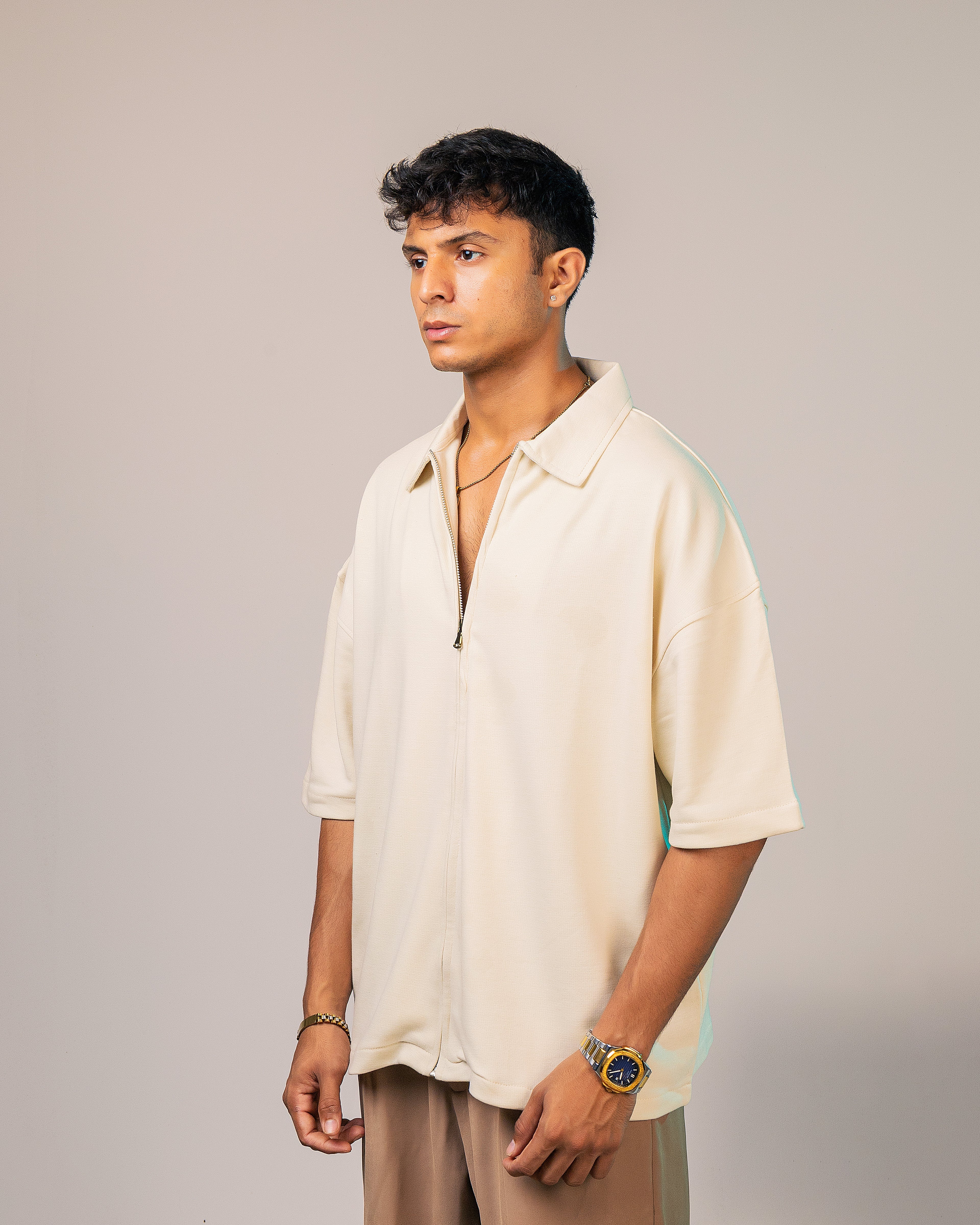 Cream Zipper Cotton Terry Shirt
