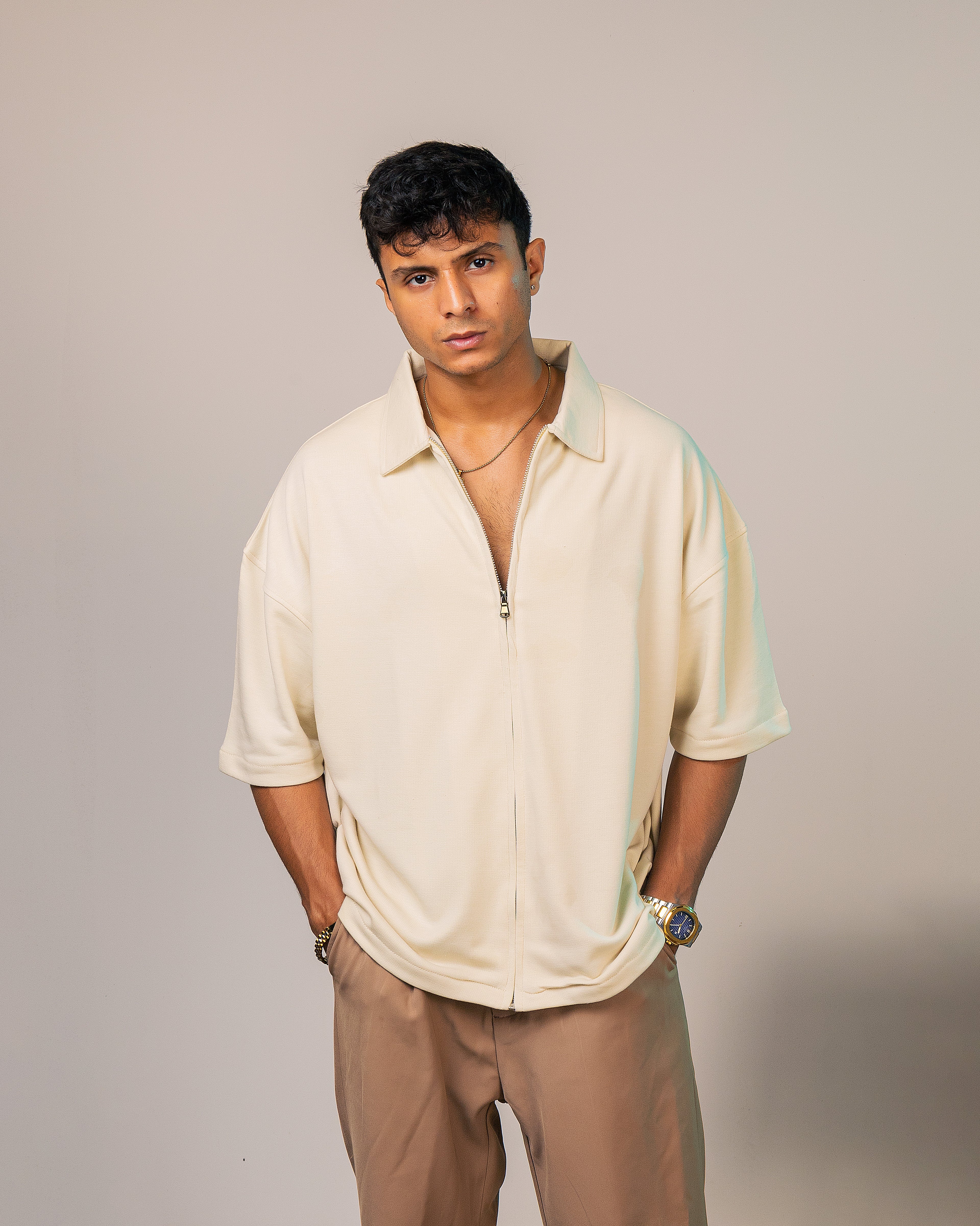 Cream Zipper Cotton Terry Shirt