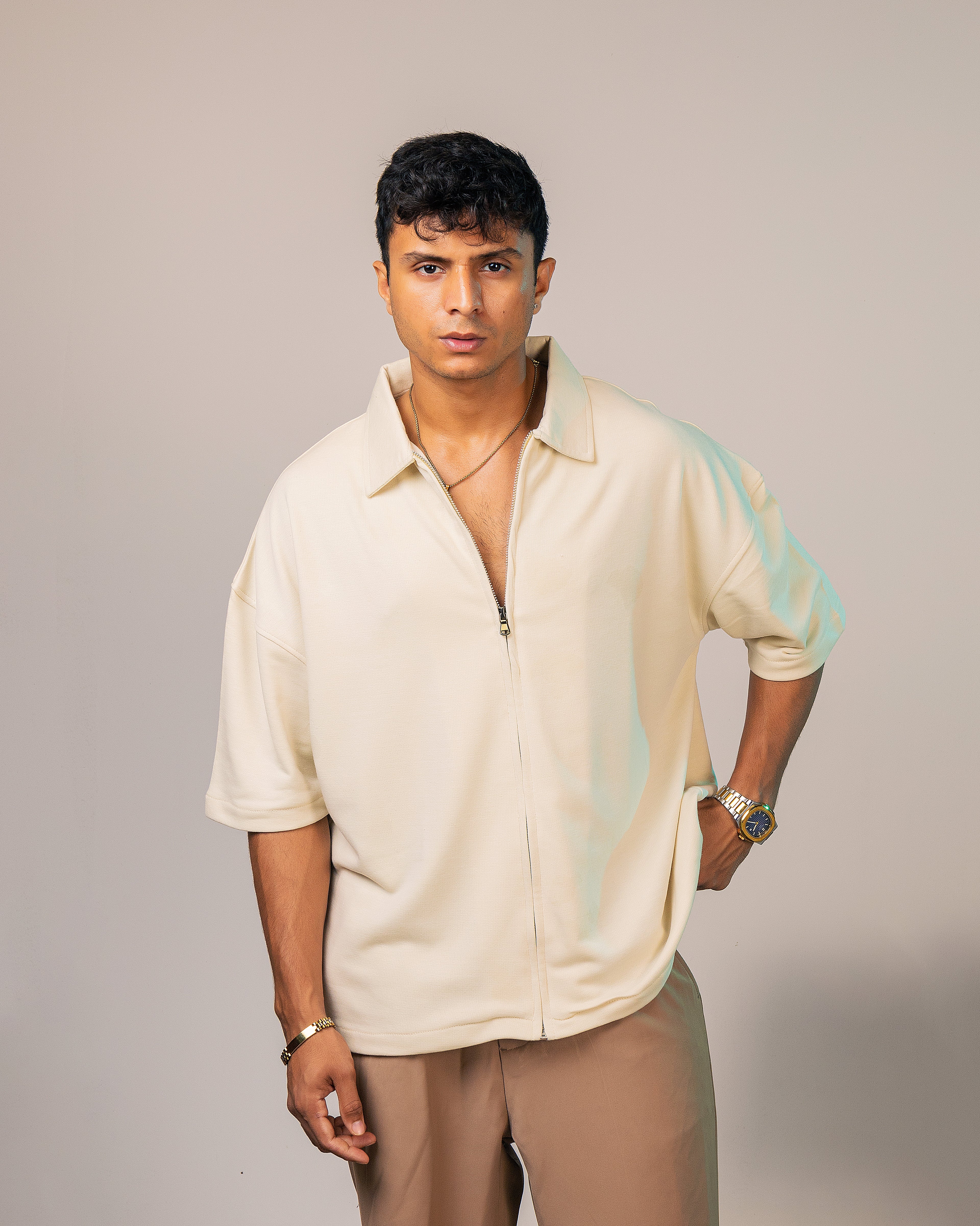 Cream Zipper Cotton Terry Shirt