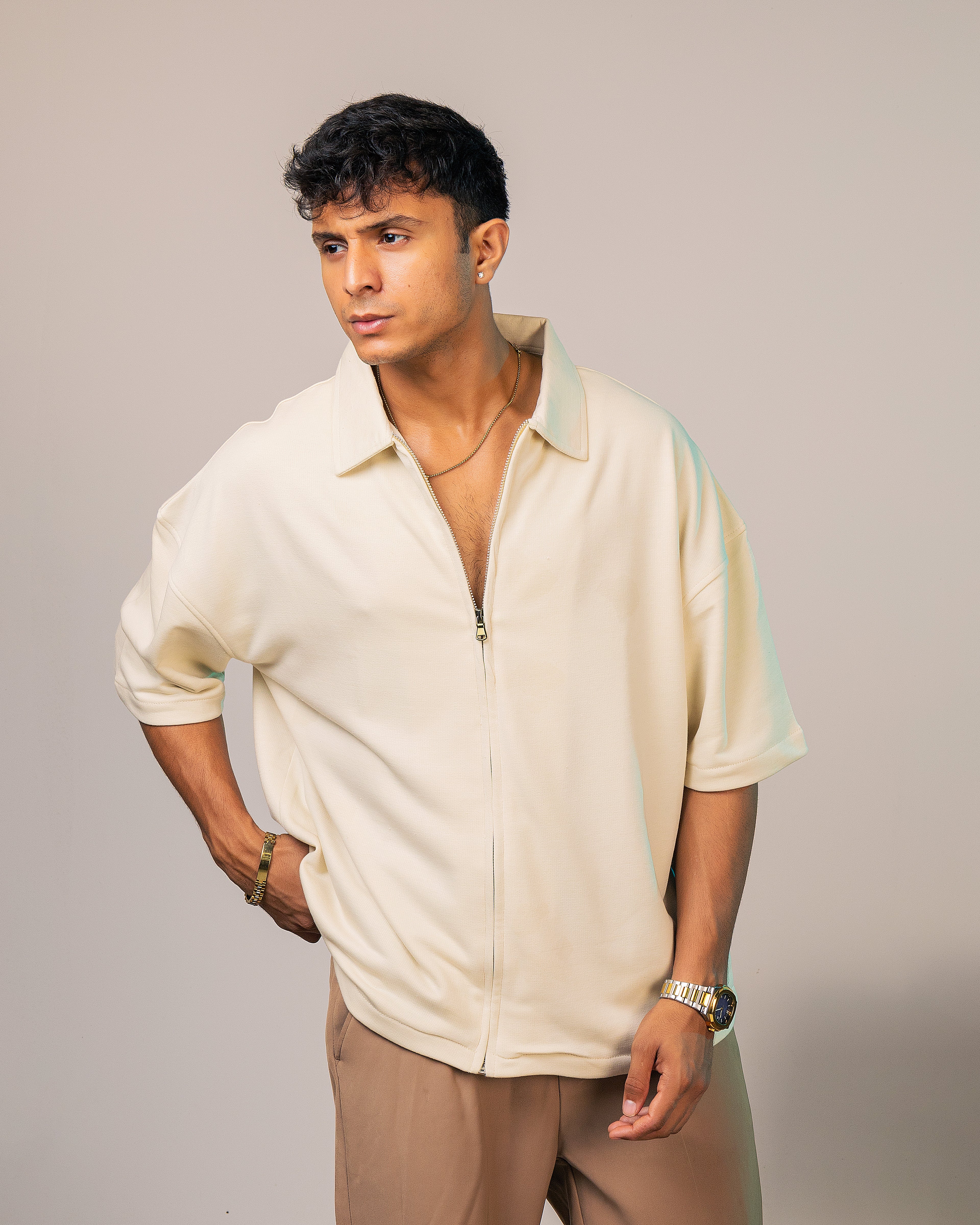 Cream Zipper Cotton Terry Shirt