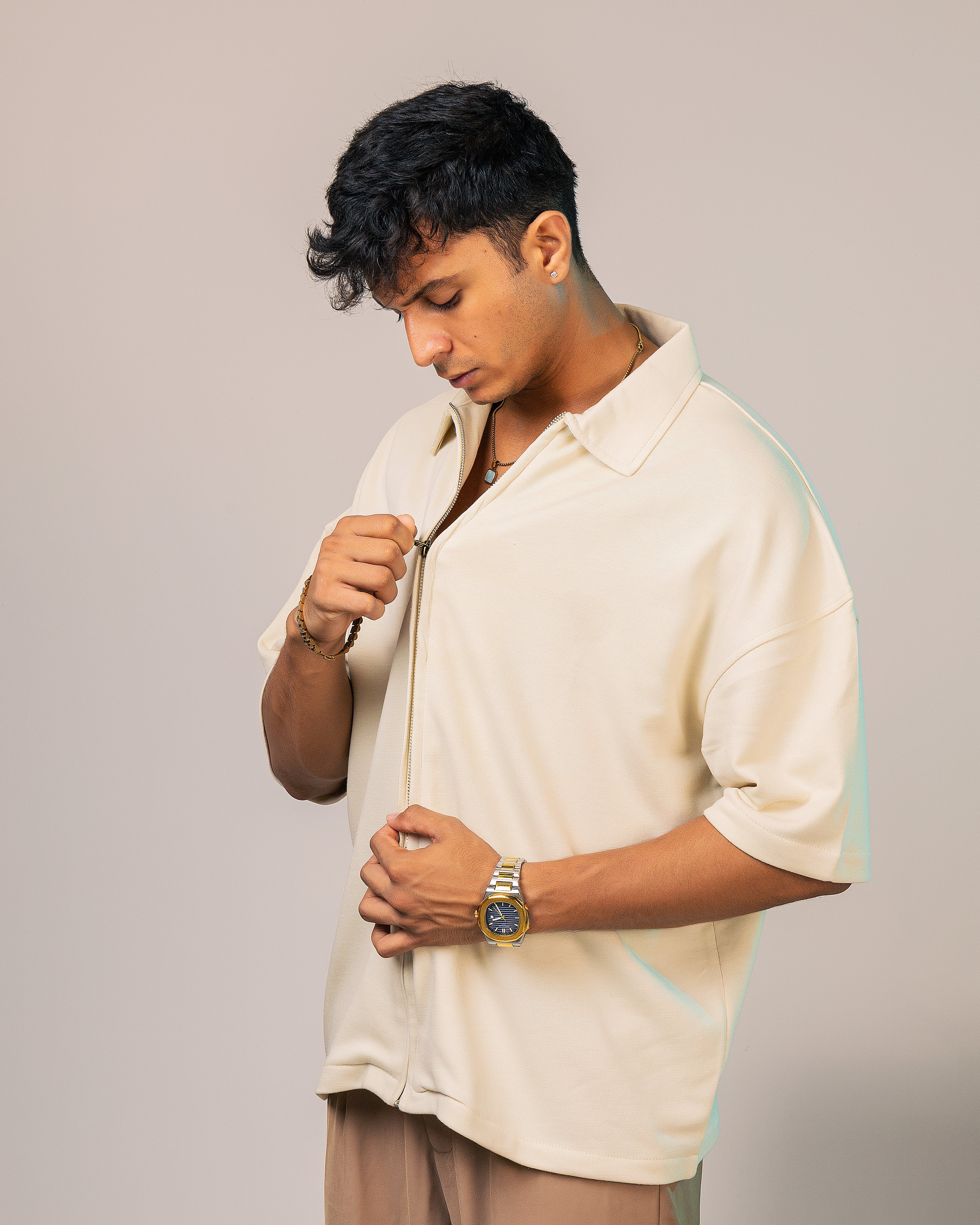 Cream Zipper Cotton Terry Shirt